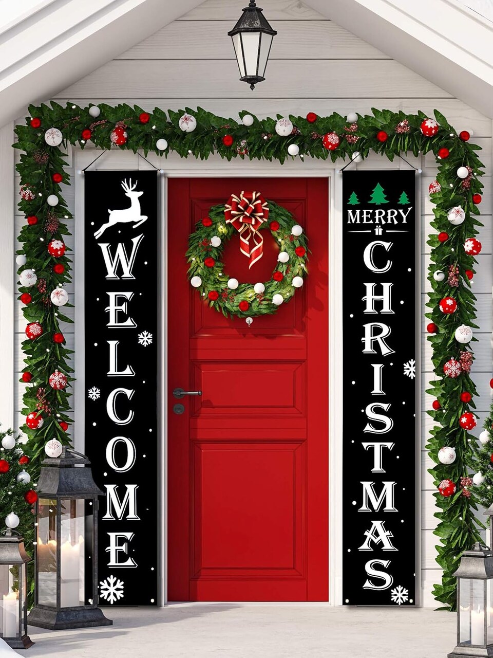 2 Pieces Welcome Christmas Banners Christmas Hanging Porch Sign(Black)72"L x 12"W